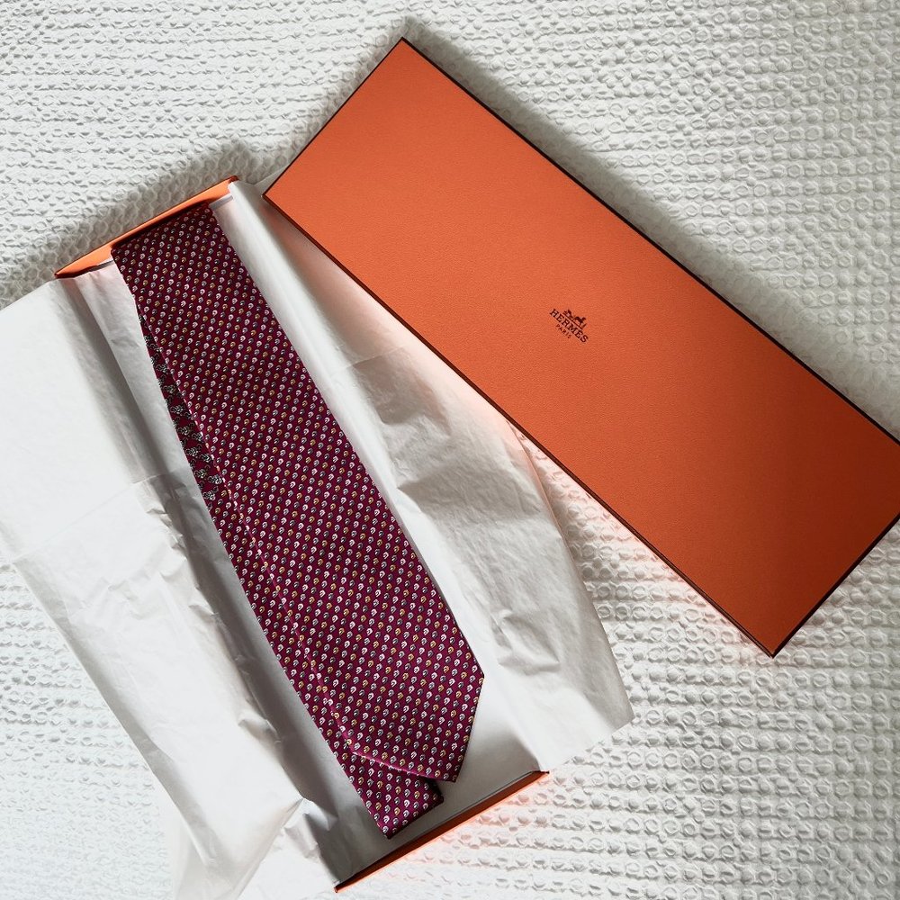 Hermes tie - new with tags and box, motorcycle print, dark red/burgundy